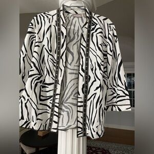 Chico’s women’s white and black animal print black fringe brass Rivet jacket
